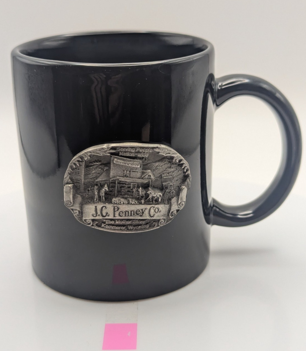 J C PENNEY Store #1 Coffee Mug Black Pewter Medallion Wyoming Vintage 90th Anniv